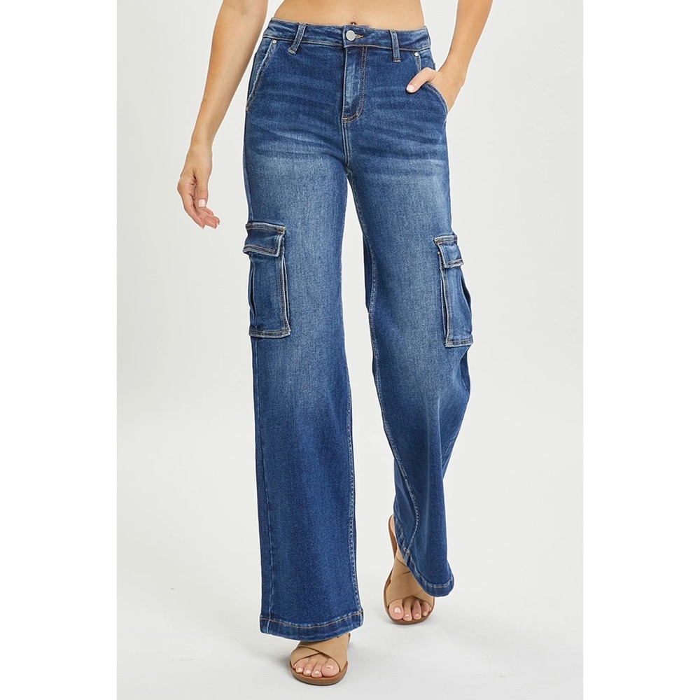 NWT Risen Women's Dark Wash High Rise Wide Leg Cargo Jeans SIZE 2XL